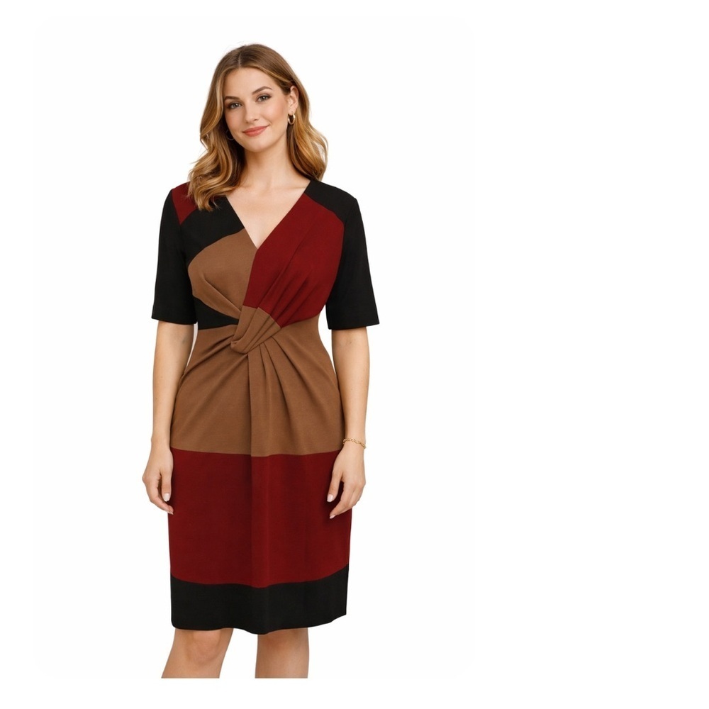 Escada Colorblock Sheath Dress Knot Front V Neck Size 36